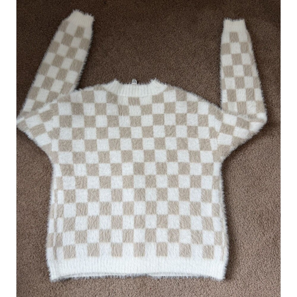 Industry Cardigan XS Cream Beige Checkered Fuzzy Cropped Button Front Sweater - Picture 7 of 13